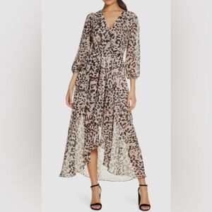 New! Eliza J Leopard High Low Faux Wrap Flowy Cocktail Dress Cream Pink Sz 6